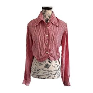 90s Ultra Pink Gingham Cropped Blouse — Pin-Up Western Rayon Shirt M